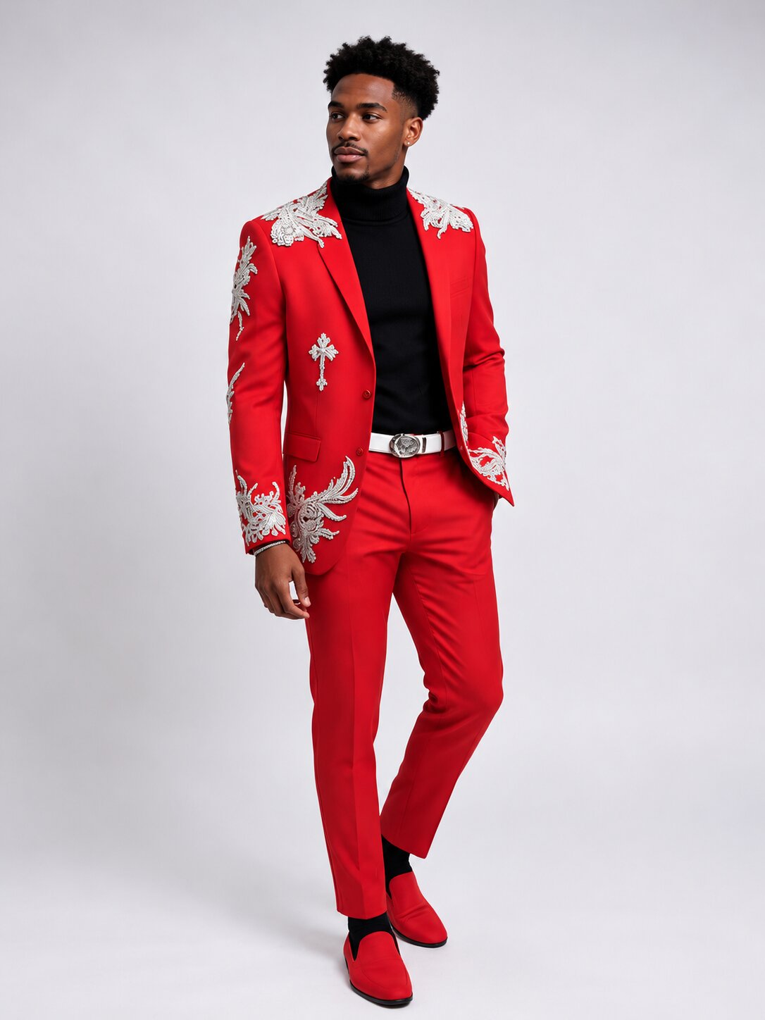 mens 2 piece red and silver floral embroidered suit
