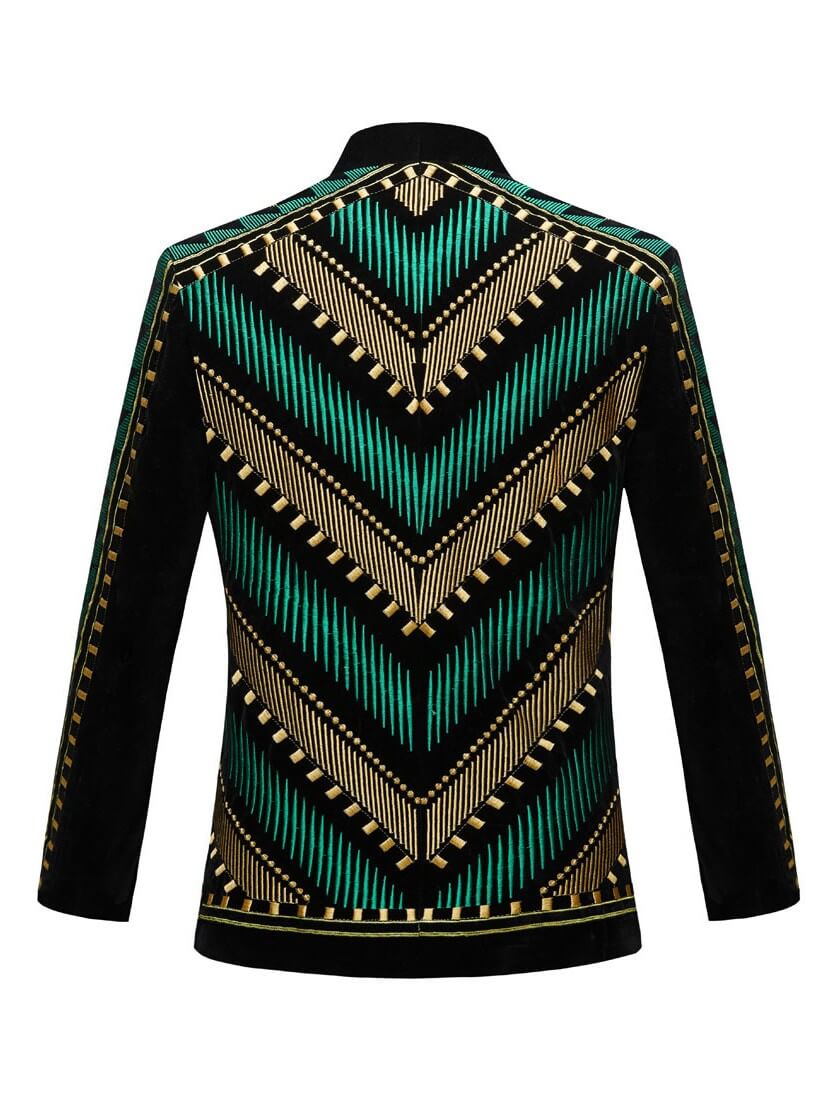 Men's Black Velvet Jacket With Green Gold Embroidery
