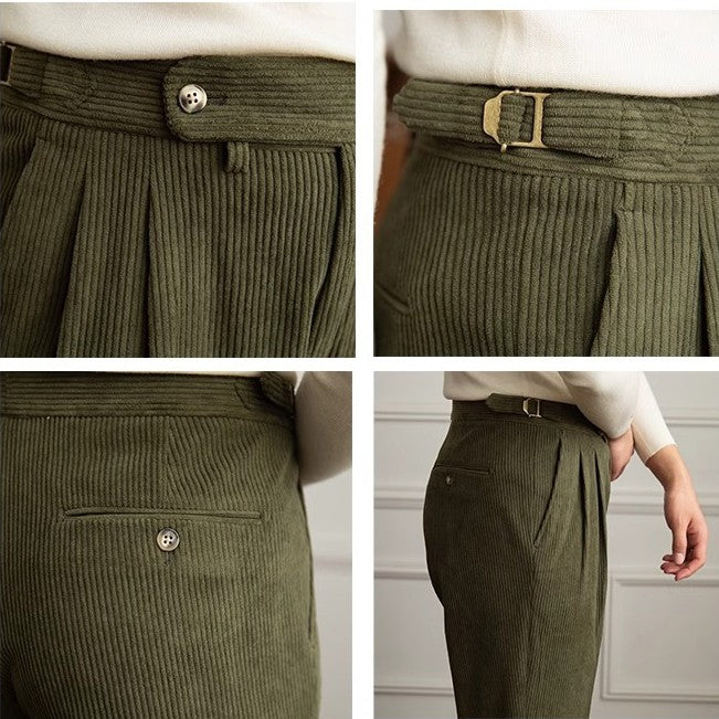 Men's Italian Style Corduroy Naples Suit Pants High-waisted Adjustable Belt Straight Fall Trousers