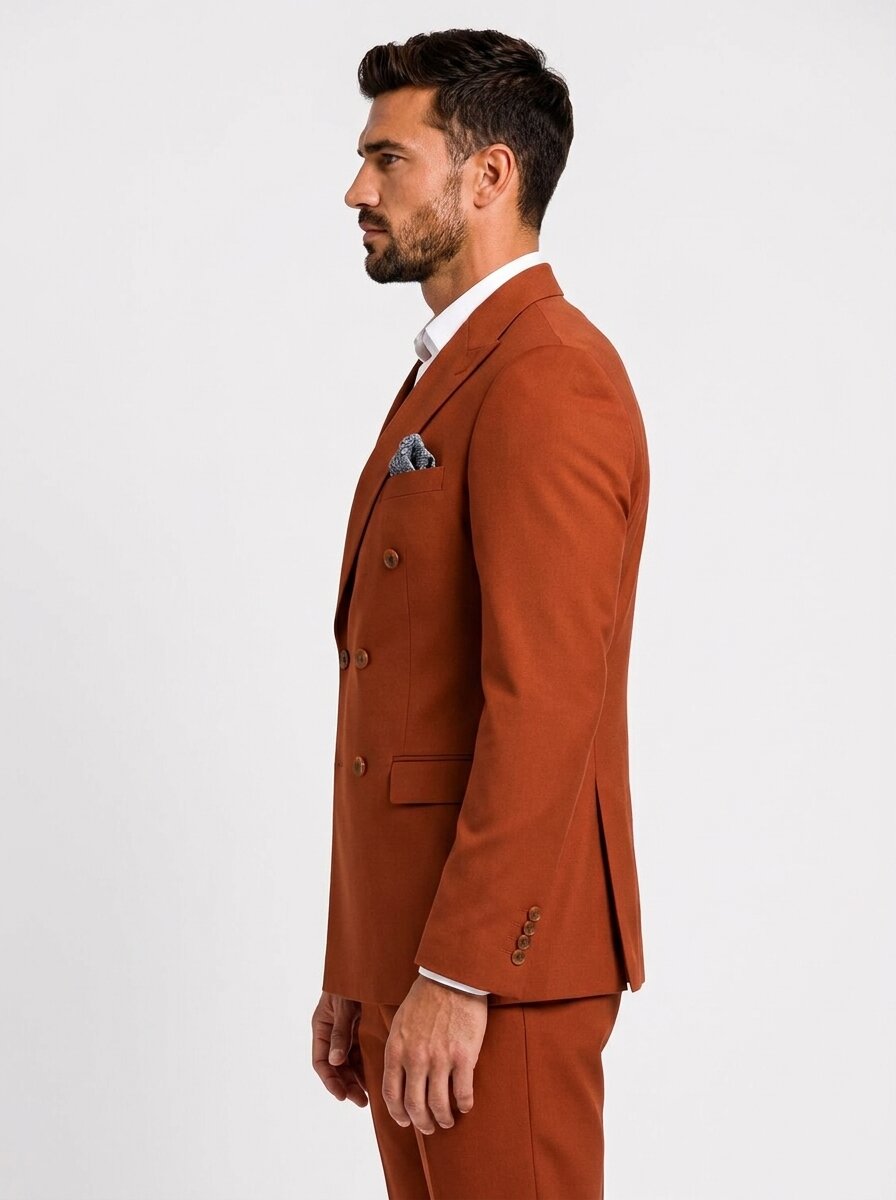 Mens Burnt Orange Double-Breasted Slim Fit 2-Piece Suit