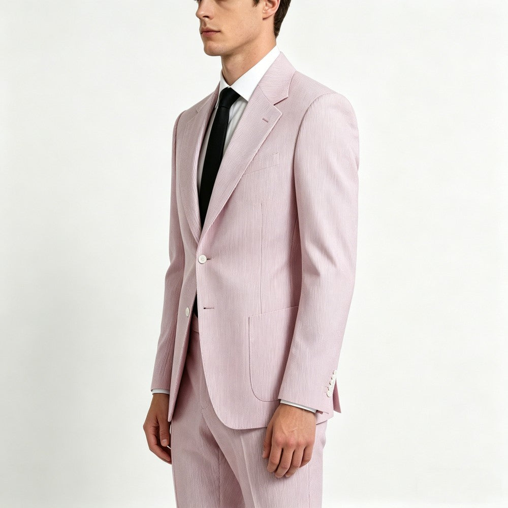 Men’s Pinstripe Seersucker Suit – Lightweight Summer Wedding Suit for Beach & Outdoor Events