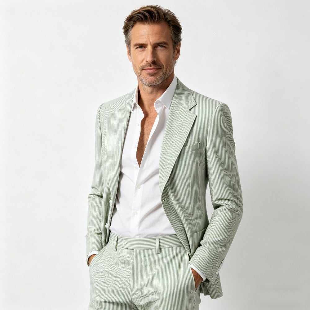 Men’s Pinstripe Seersucker Suit – 2 Piece Summer Slim Fit Suit