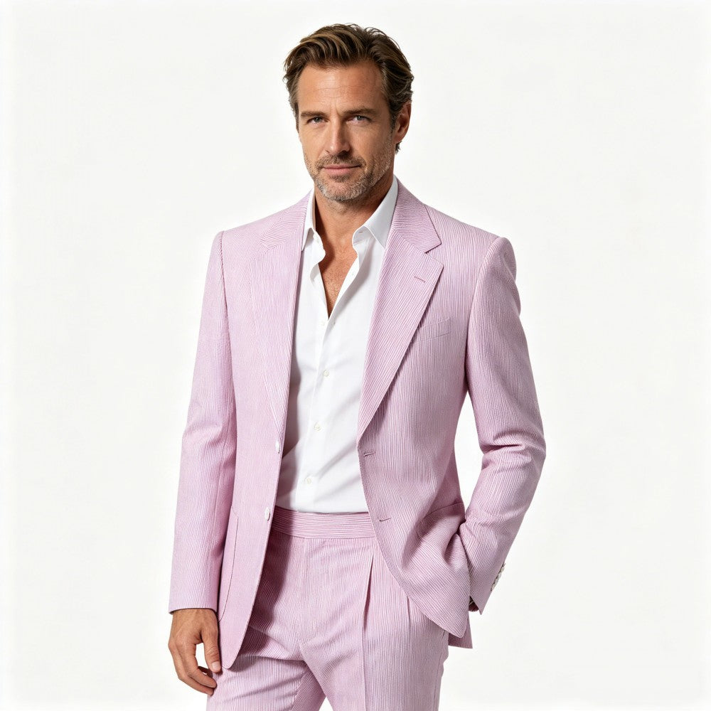 Men’s Pinstripe Seersucker Suit – 2 Piece Summer Slim Fit Suit
