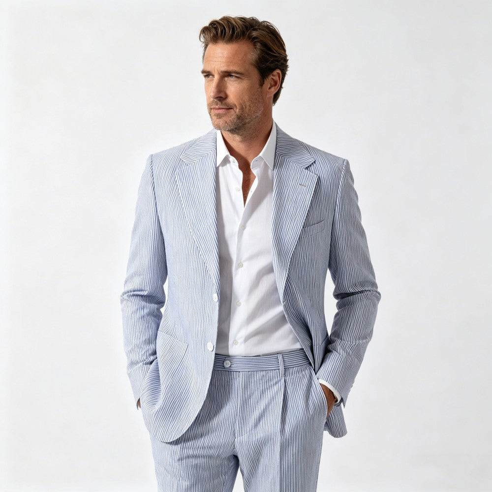 Men’s Pinstripe Seersucker Suit – 2 Piece Summer Slim Fit Suit