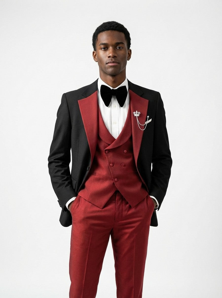 Men's 3 Piece Suit Slim Fit Tuxedo Style Contrast Lapel Prom Evening