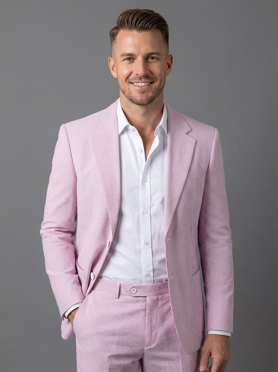 Men’s Pinstripe Seersucker Suit – 2 Piece Summer Slim Fit Suit