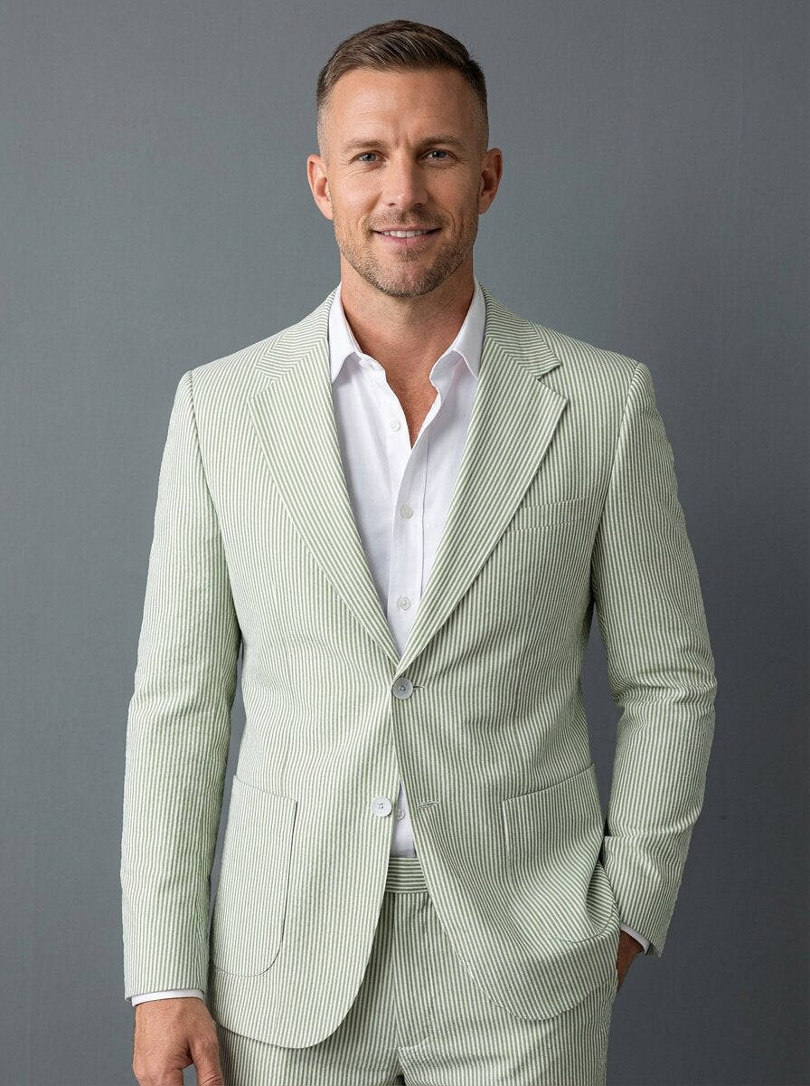 Men’s Pinstripe Seersucker Suit – Lightweight Breathable Summer Suit