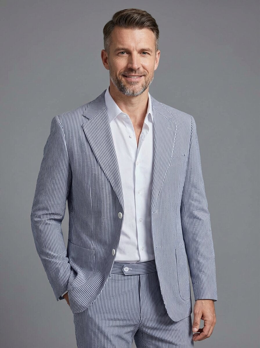 Men’s Pinstripe Seersucker Suit – Lightweight Summer Wedding Suit for Beach & Outdoor Events