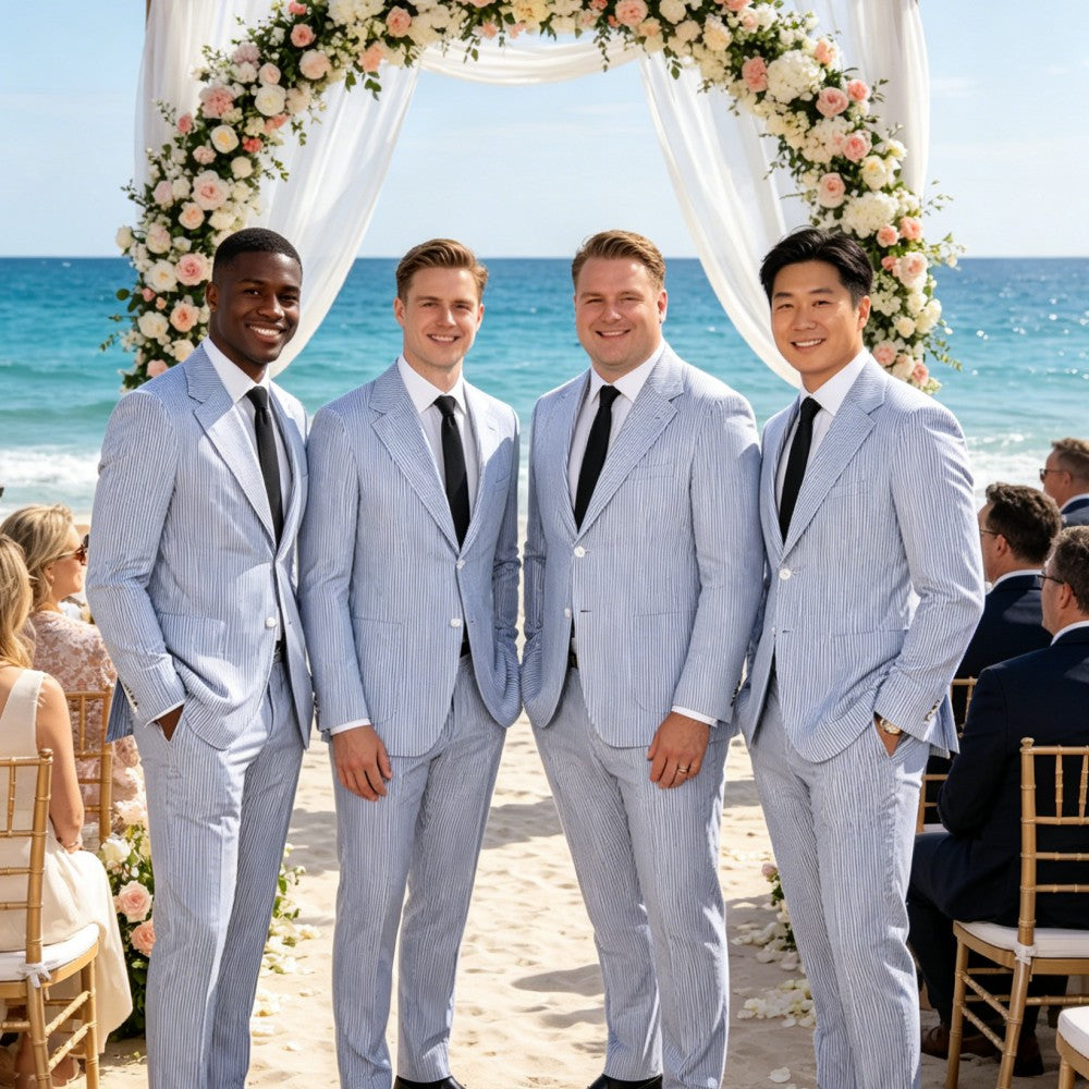 Four men in light blue suits standing under a floral arch on a beach.