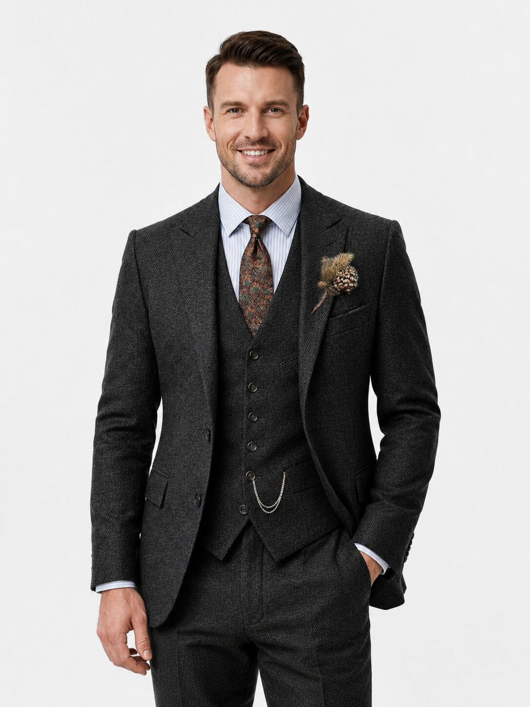 Men's 3-Piece Herringbone Suit Vintage Style