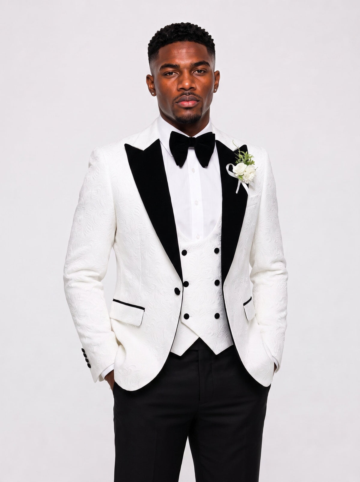 Men's White Floral Jacquard 3 Piece Tuxedo Suit
