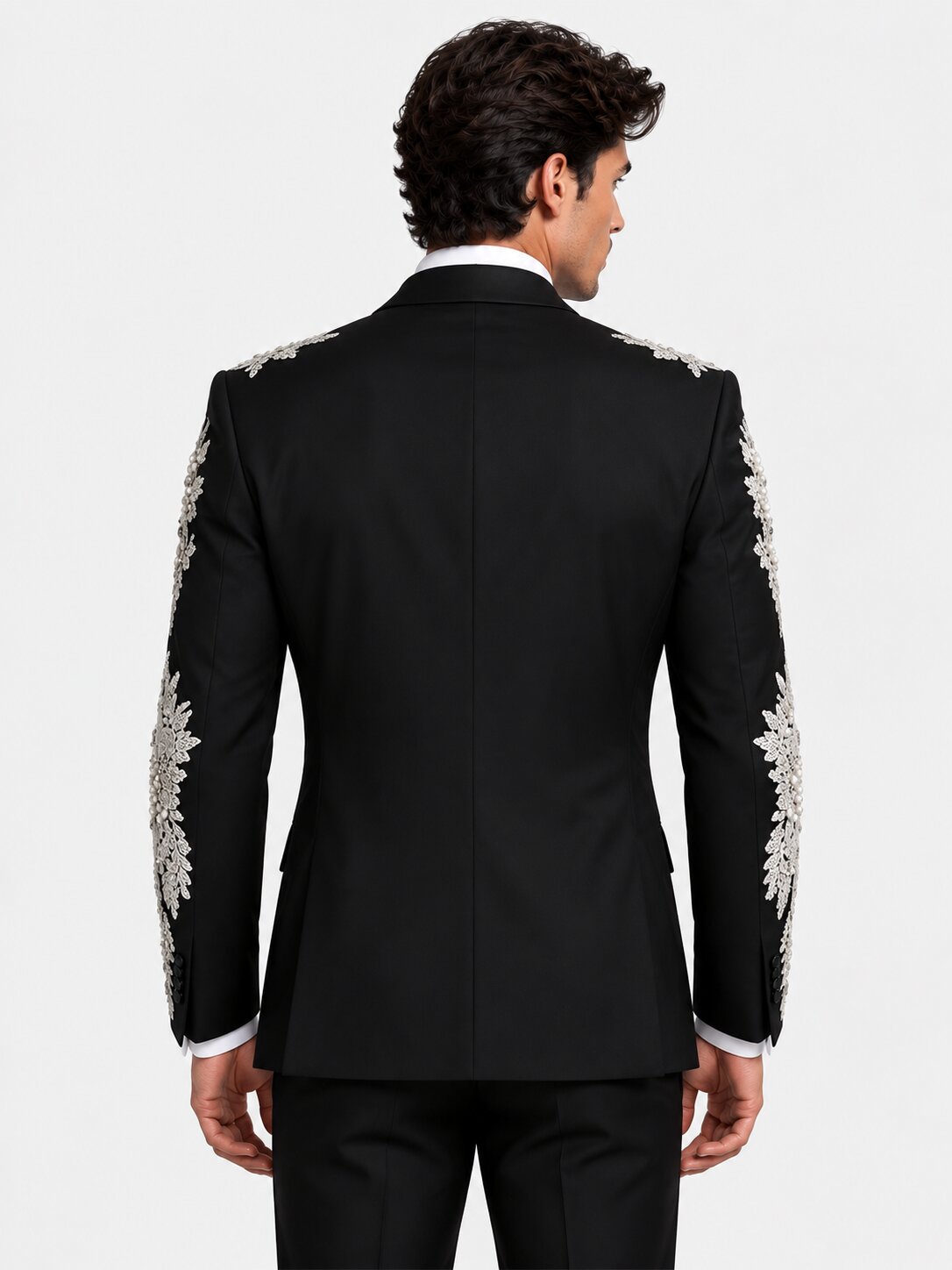 2-Piece Black Silver Floral Embroidered Men's Tuxedo