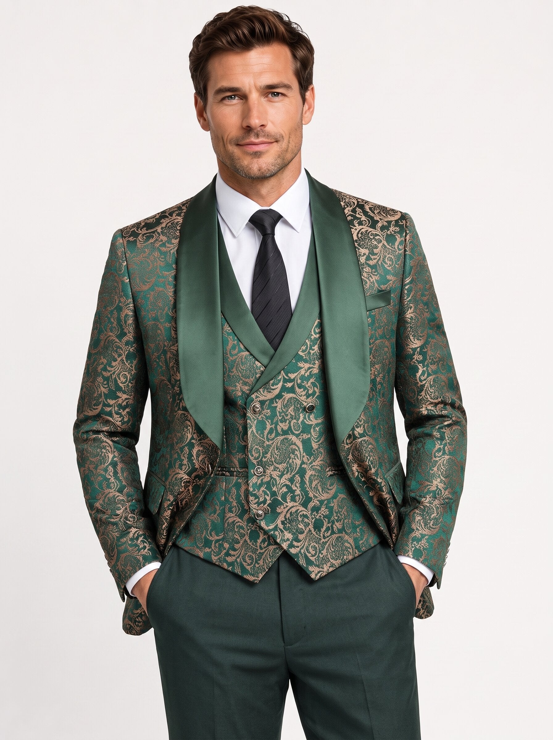 Men's 3 Piece Vintage Style Gold Damask Jacquard Suit