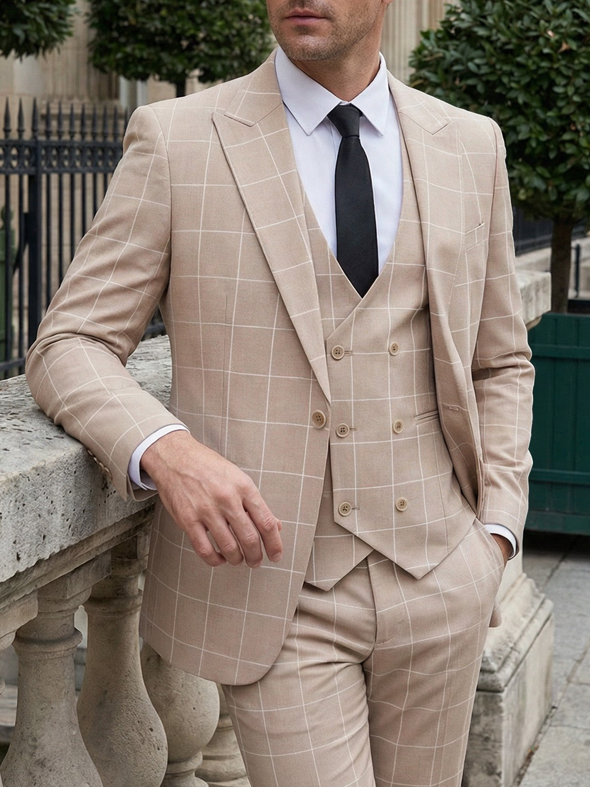 Men's Slim Fit 3-Piece Checked Plaid Suit