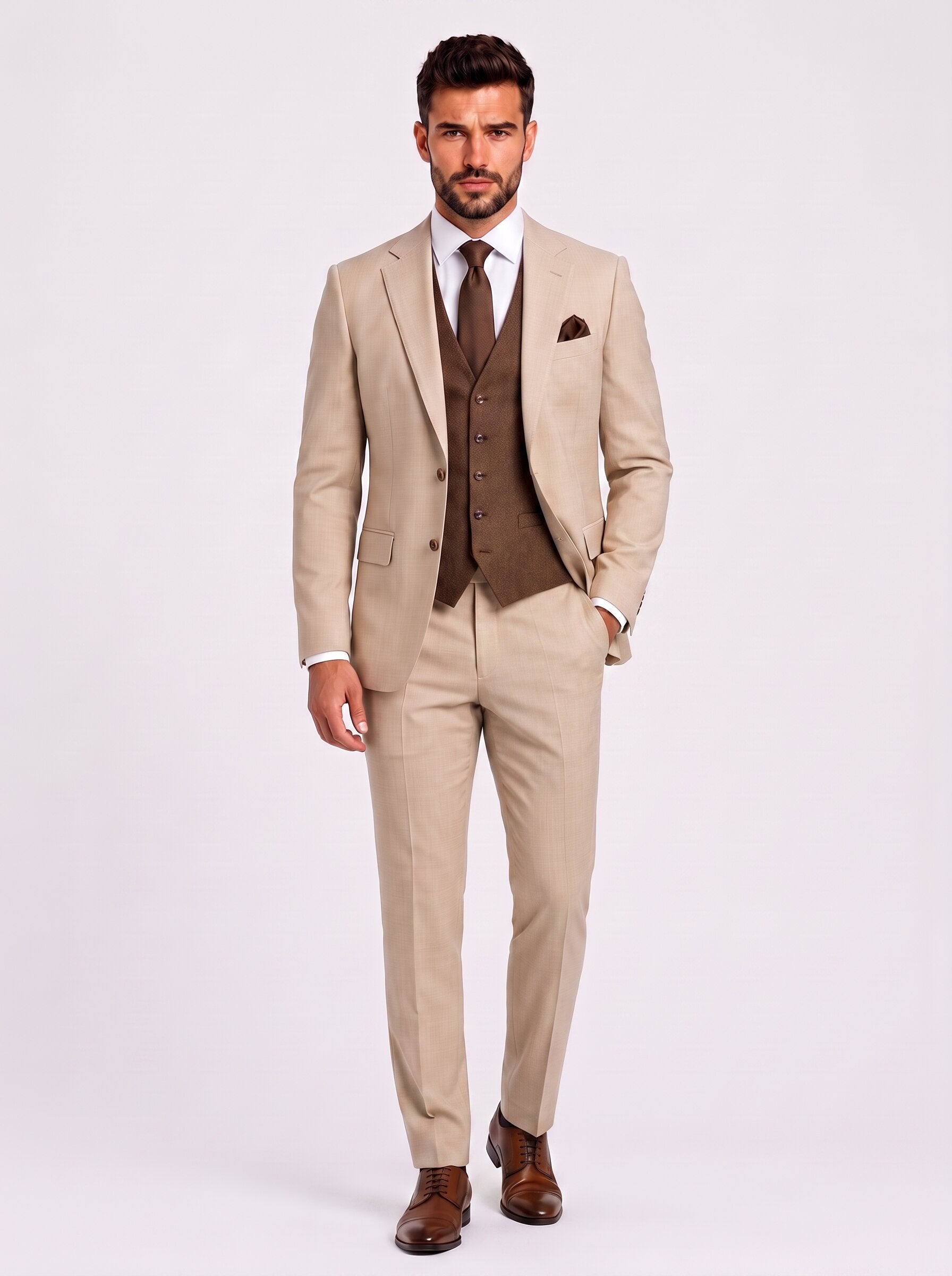 Men’s Beige & Chocolate Brown 3 Piece Wedding Suit