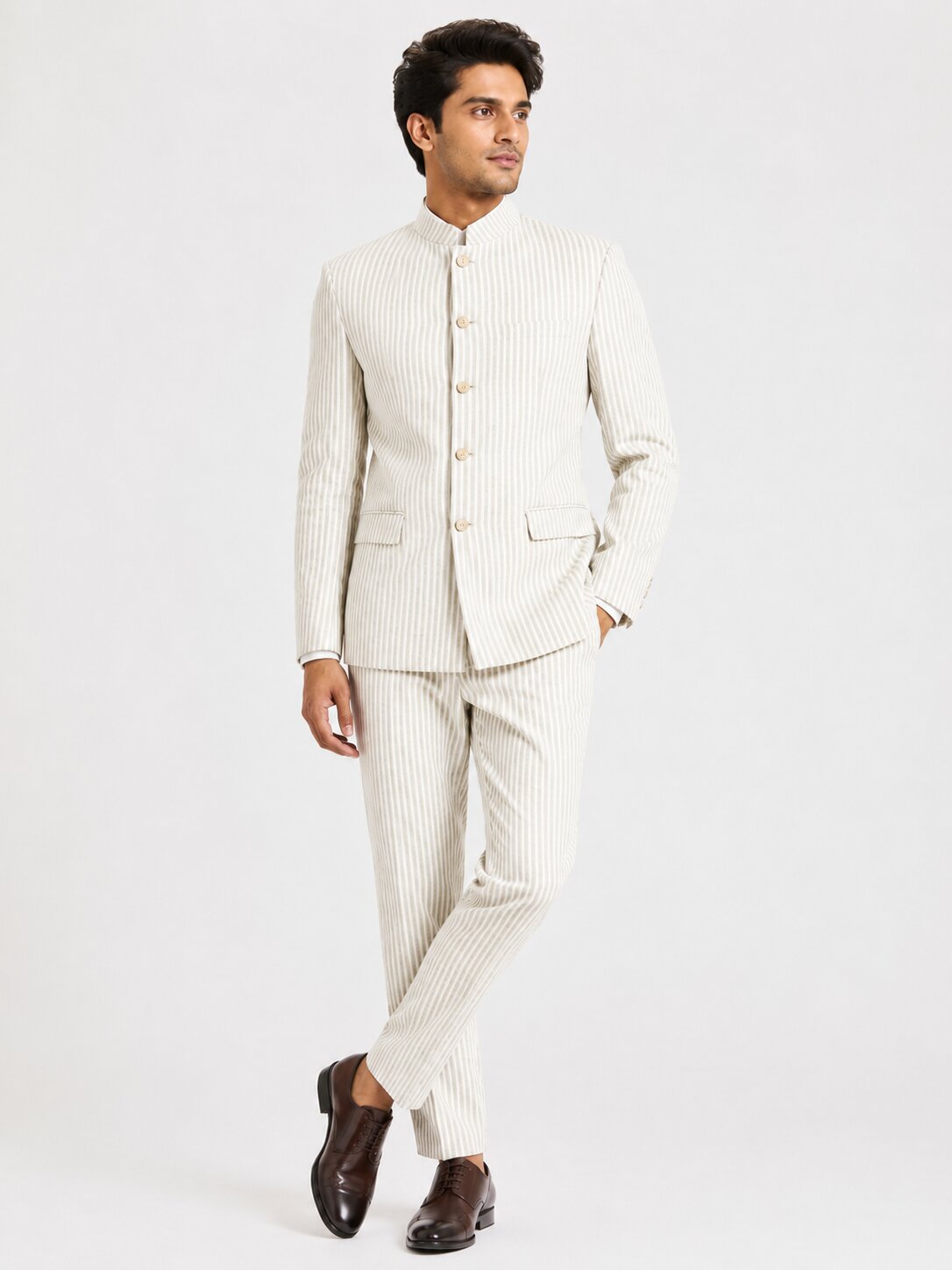 Beige Seersucker Nehru Suit