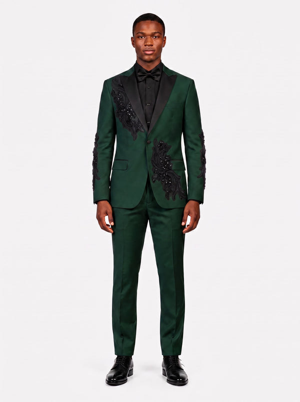 Black Rhinestone Embellished Emerald Green Suit