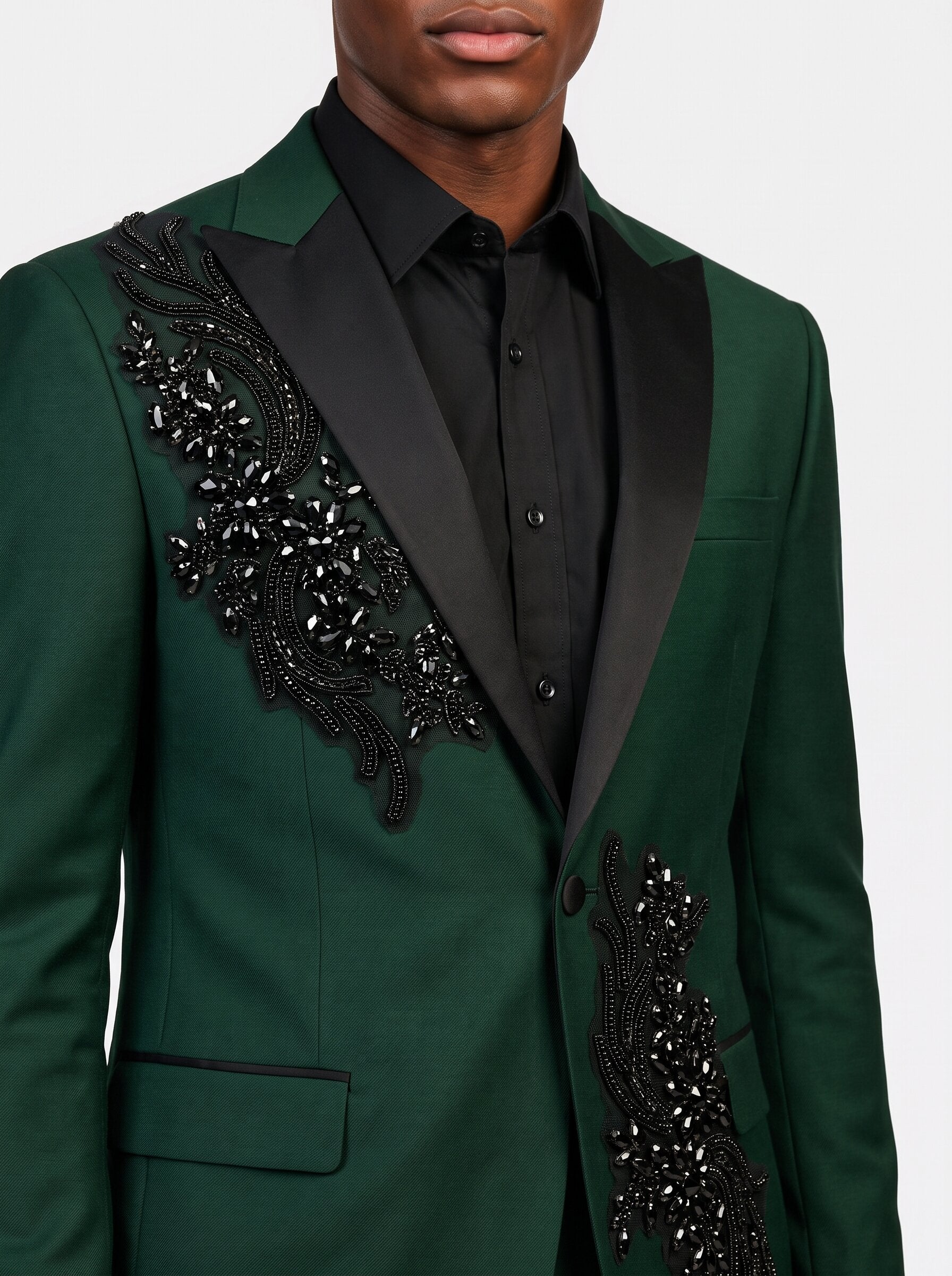 Black Rhinestone Embellished Emerald Green Suit
