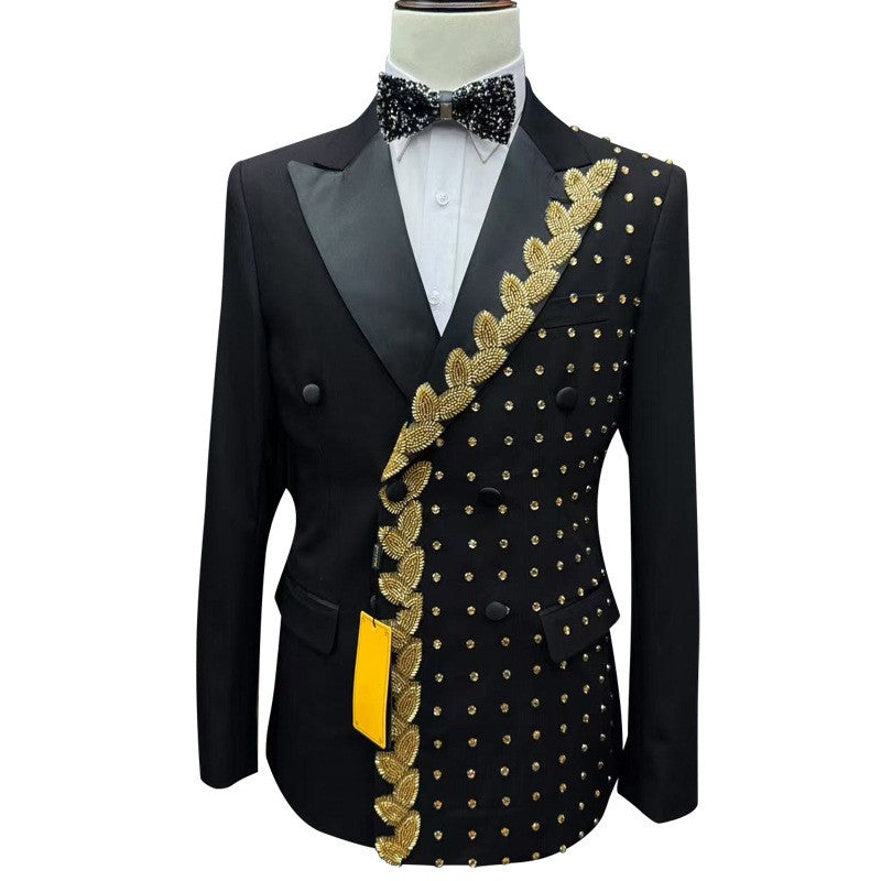 Black Gold 2 Piece Suit Beaded Prom Tuxedo
