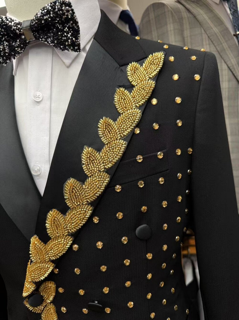 Black Gold 2 Piece Suit Beaded Prom Tuxedo