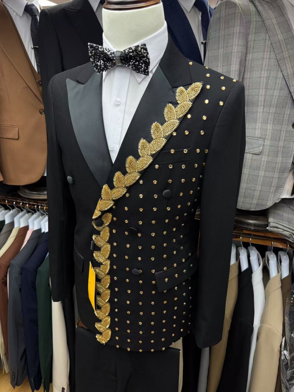 Black Gold 2 Piece Suit Beaded Prom Tuxedo