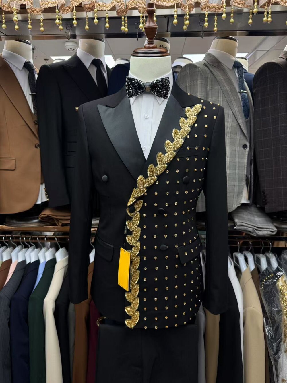 Black Gold 2 Piece Suit Beaded Prom Tuxedo