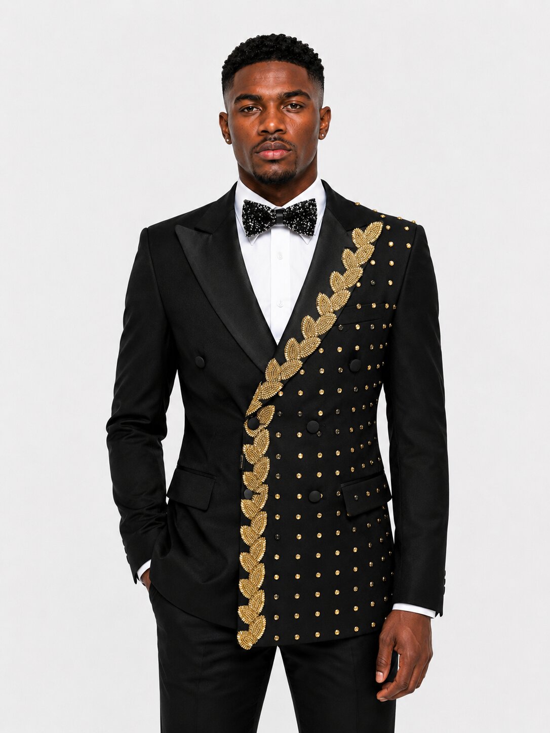 Black Gold 2 Piece Suit Beaded Prom Tuxedo