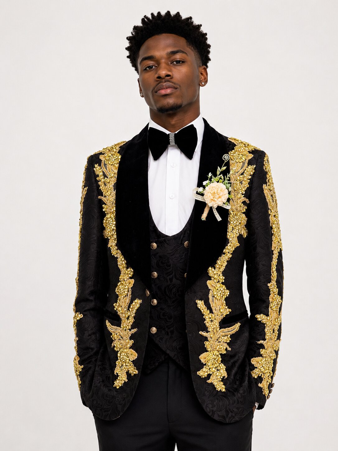 Black & Gold Paisley Rhinestone 3 Piece Tuxedo