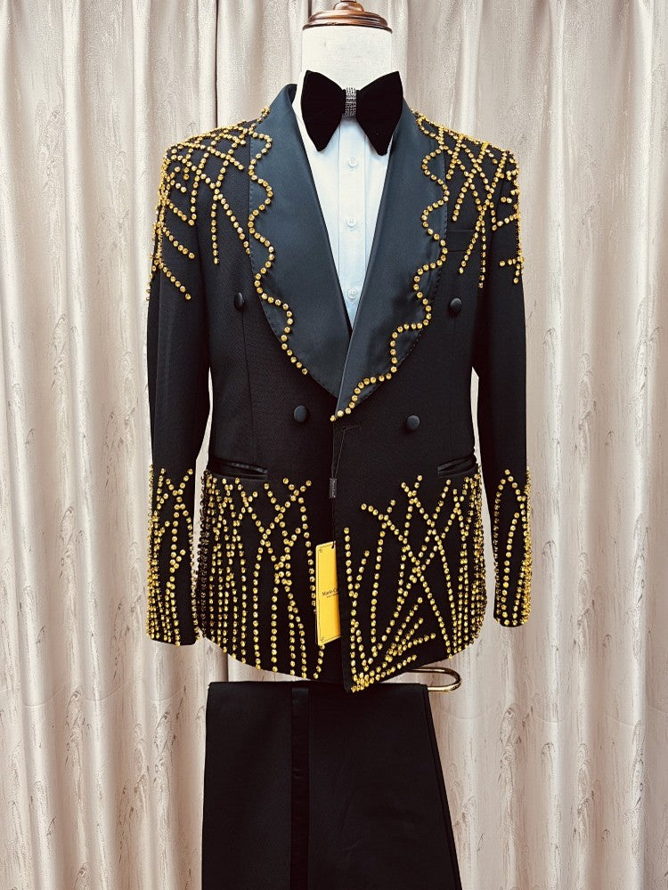 Black Gold Rhinestone Double-Breasted Tuxedo
