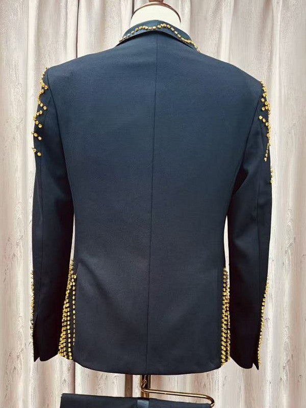 Black Gold Rhinestone Double-Breasted Tuxedo Groom Wedding Suit