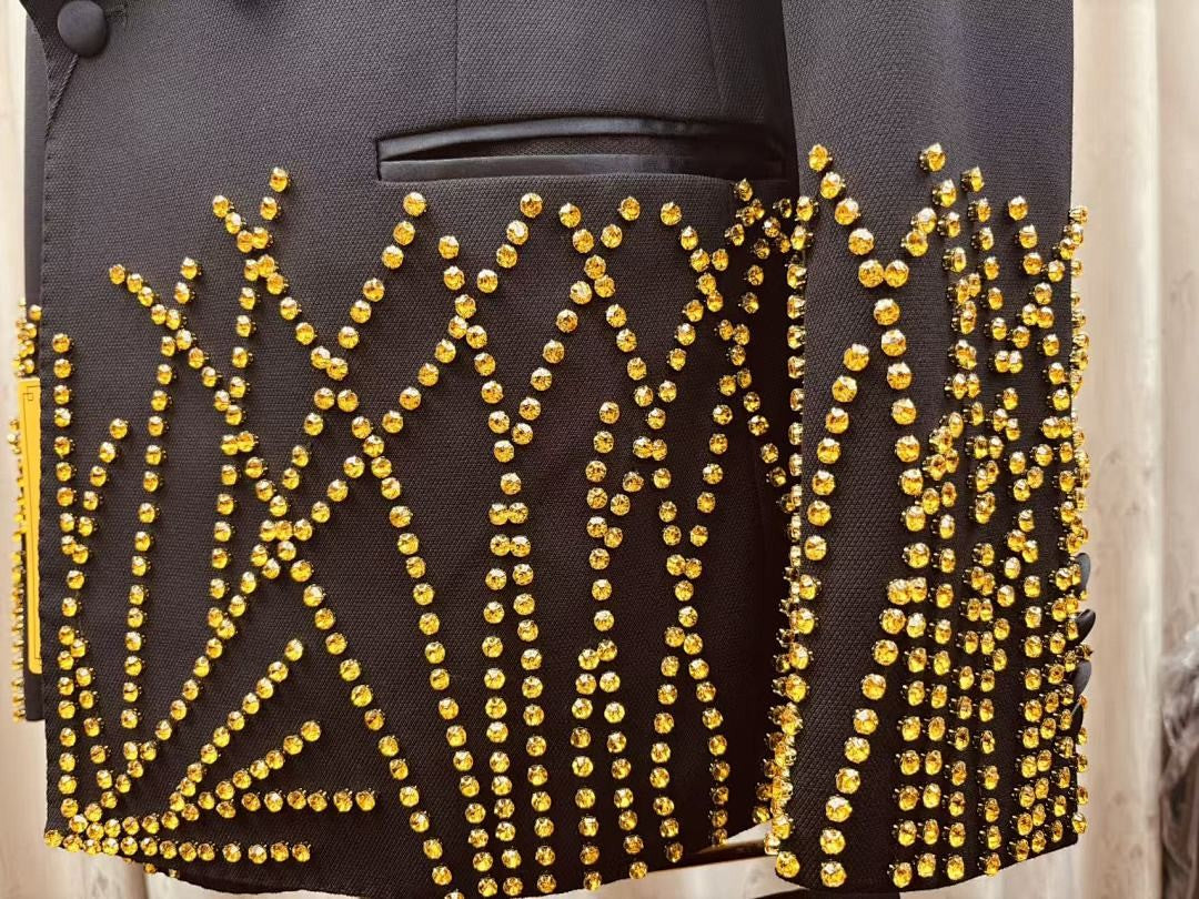 Black Gold Rhinestone Double-Breasted Tuxedo Groom Wedding Suit