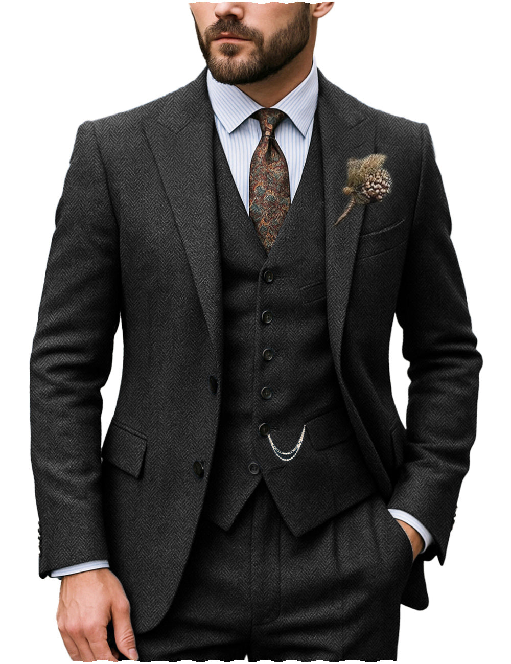 Men's 3-Piece Herringbone Suit Vintage Style 