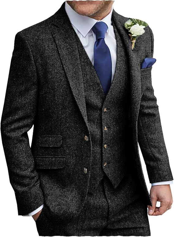 Black Tweed Herringbone Vintage Suit