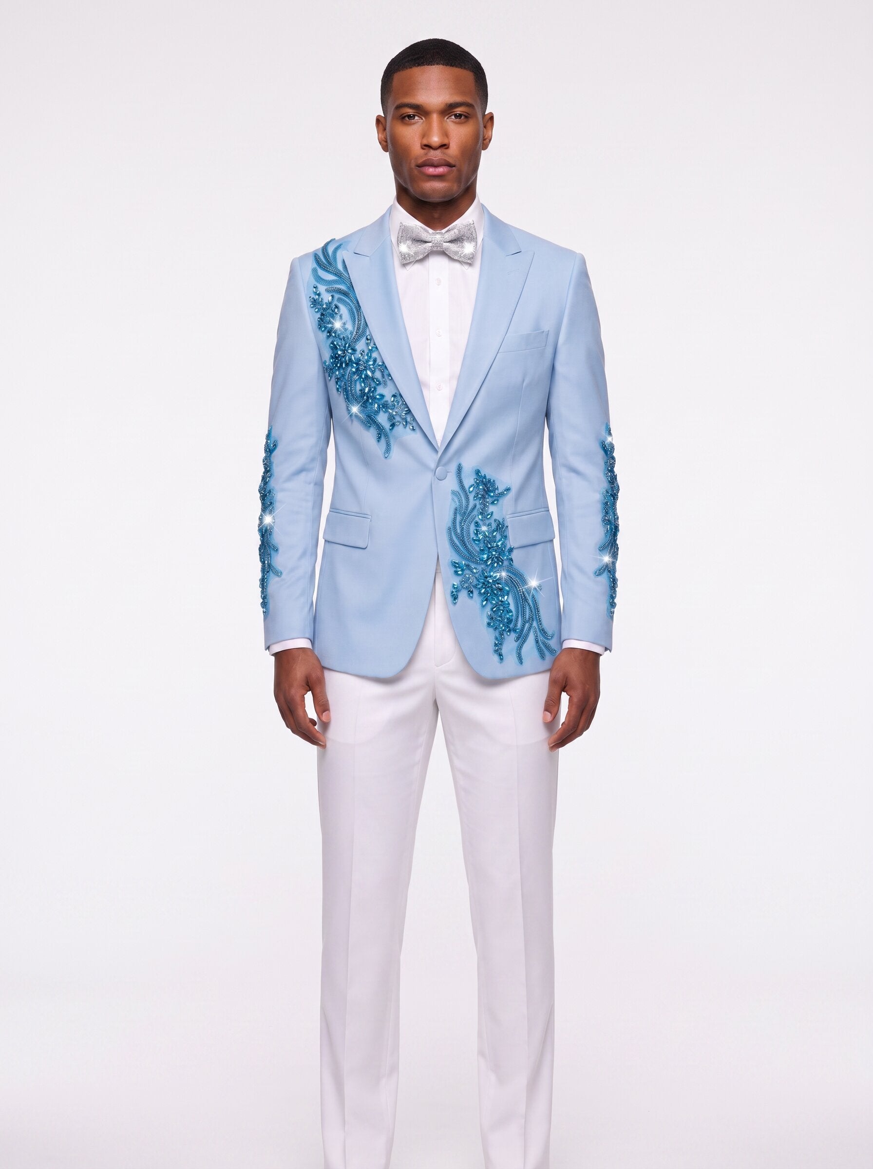 Blue White 2 Piece Slim Fit Suit With Handcrafted Rhinestone
