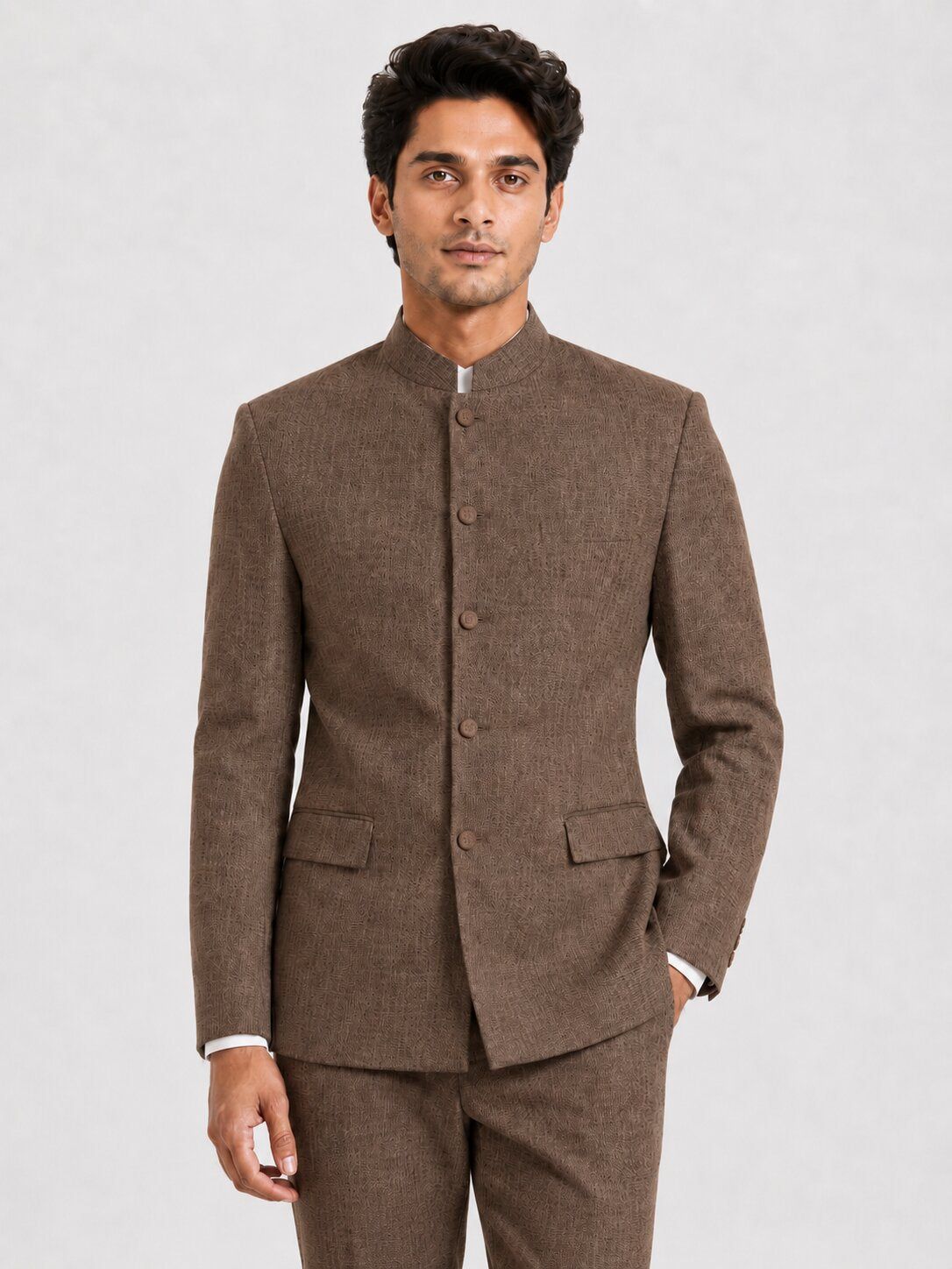 Chocolate Brown Linen Nehru Suit