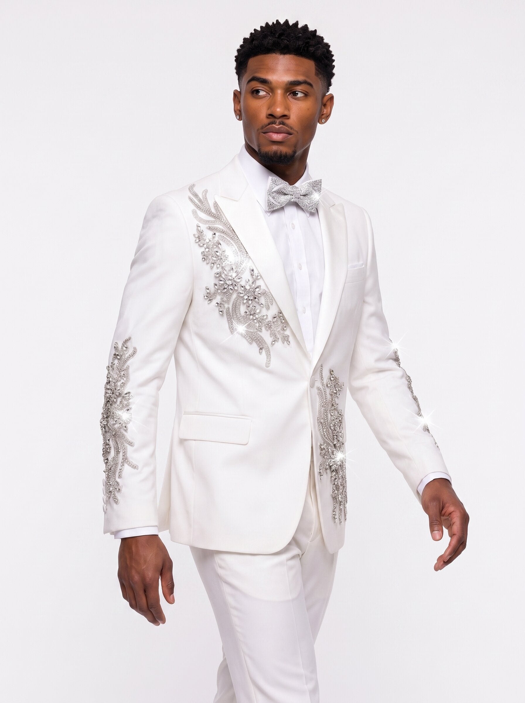 Chic Men White Suit with Silver Rhinestone Details