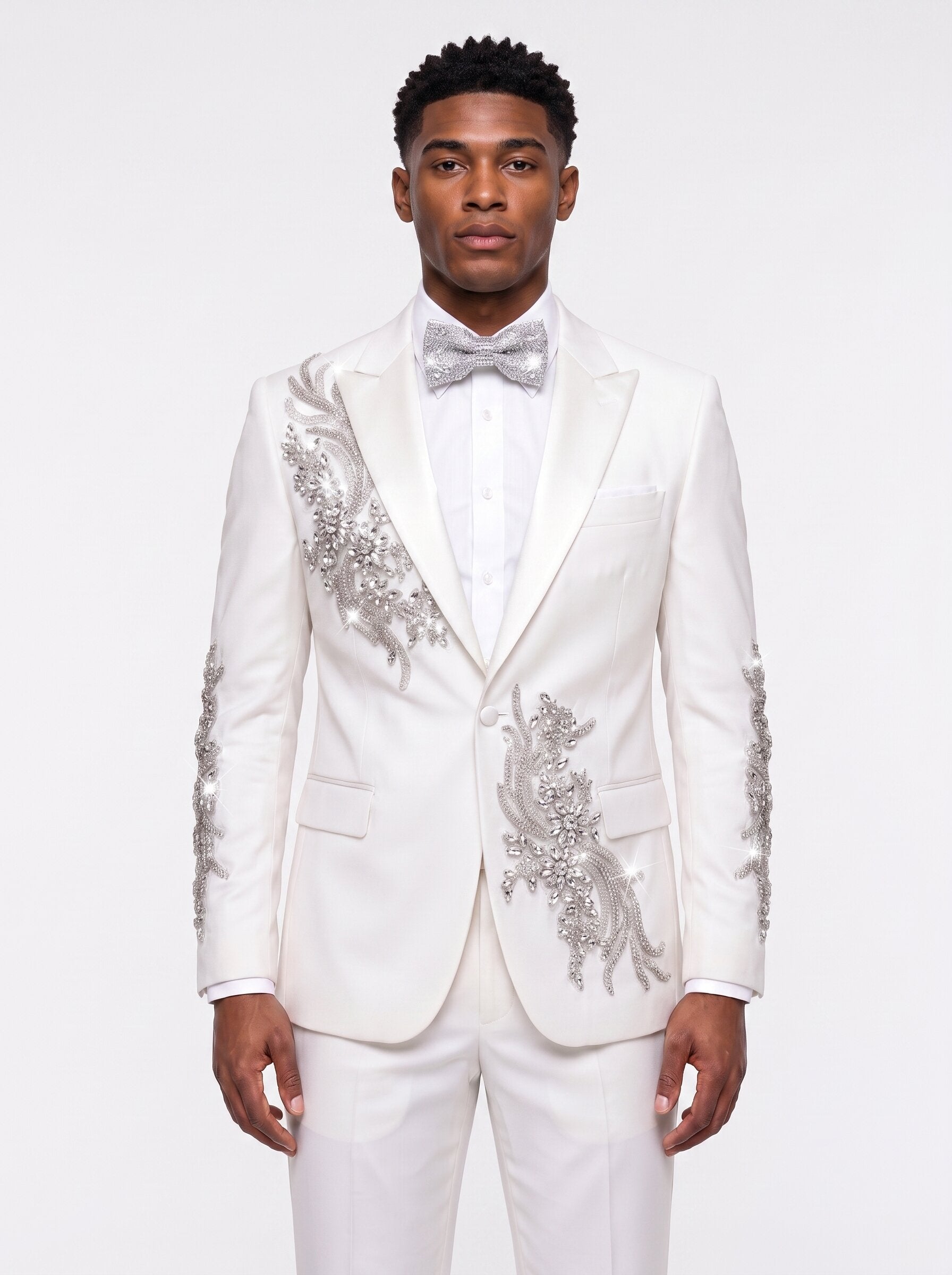 Chic Men White Suit with Silver Rhinestone Details