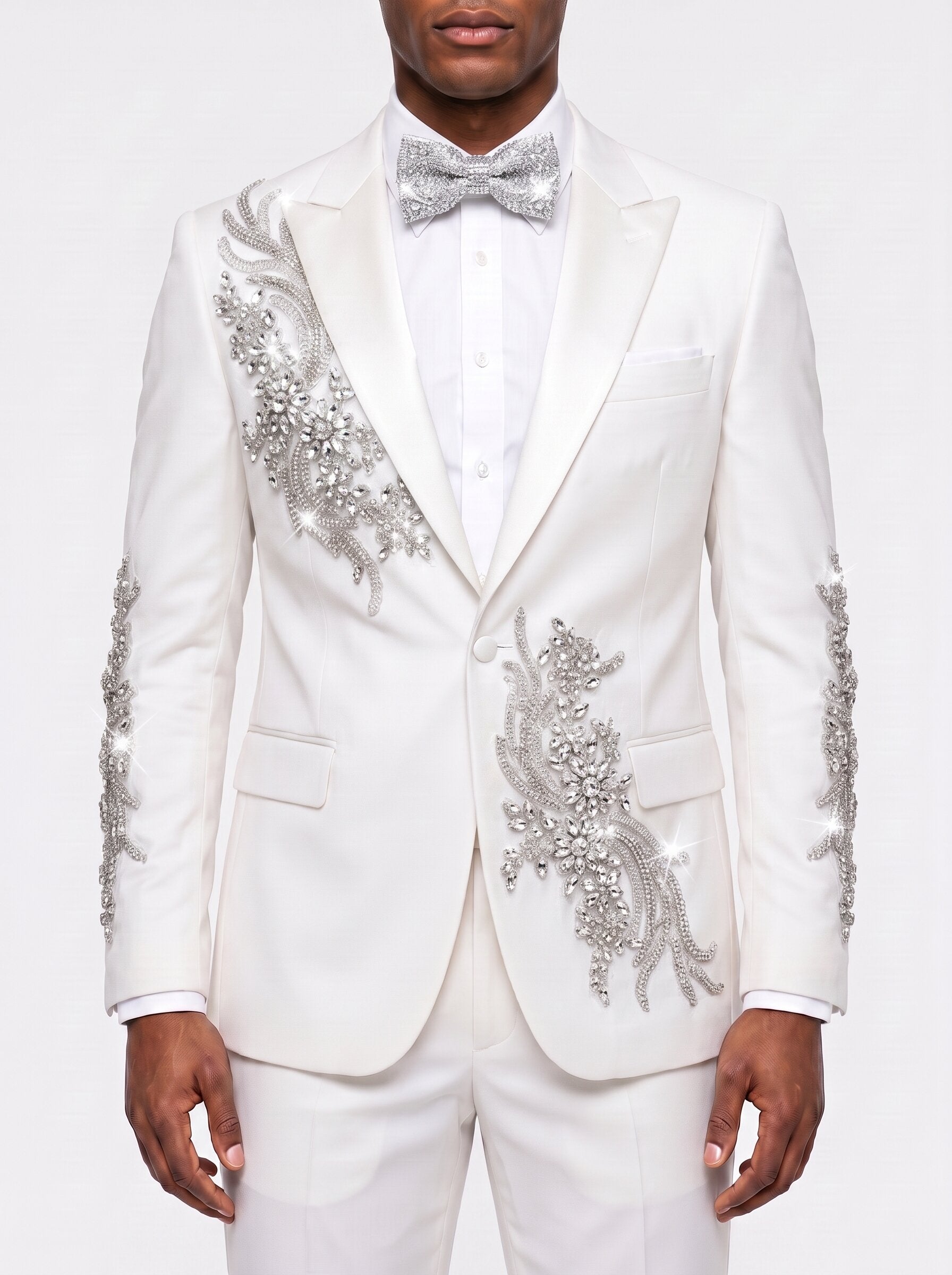 Chic Men White Suit with Silver Rhinestone Details