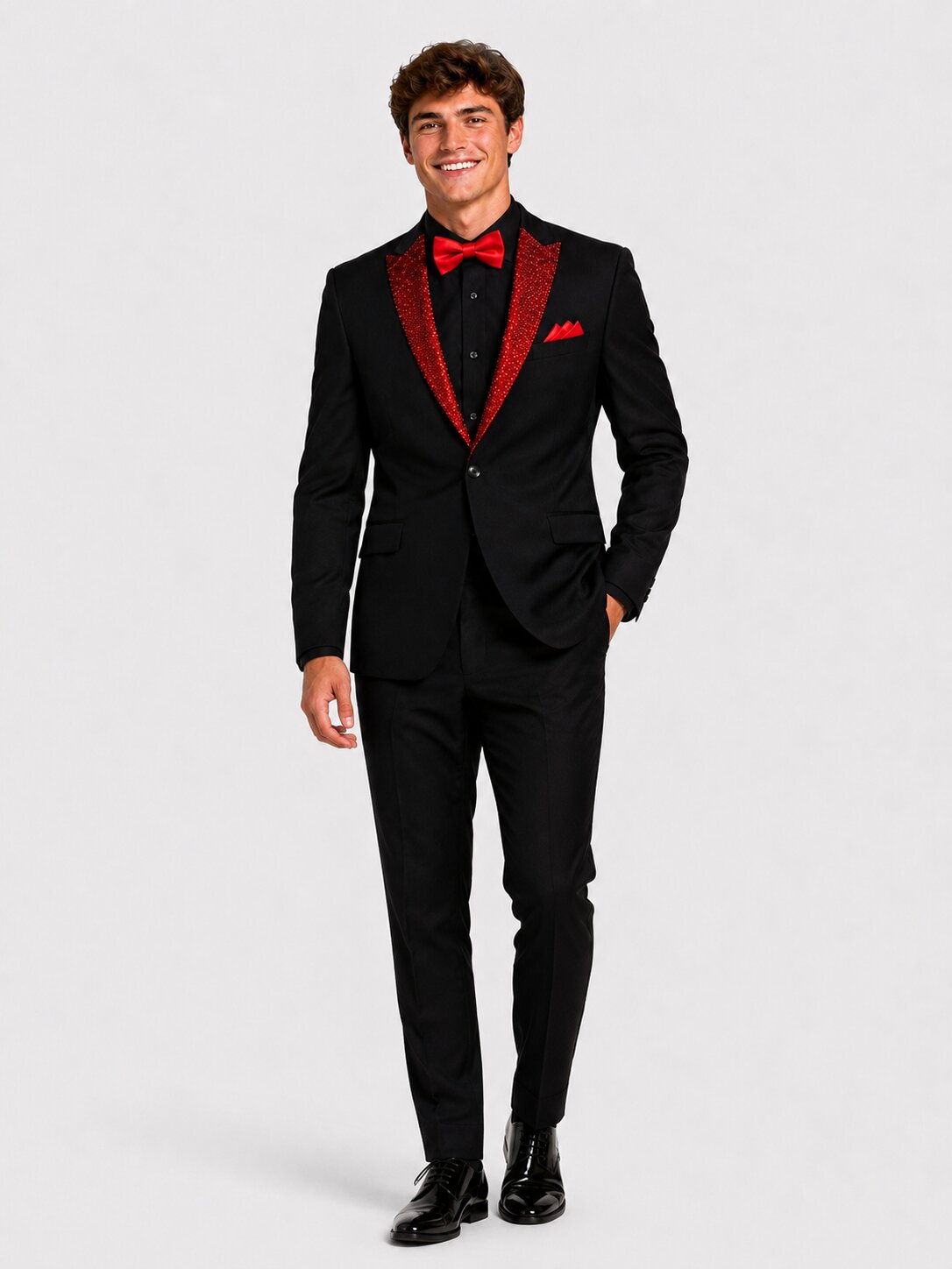 Red and Black Fully Rhinestone Collar Suit