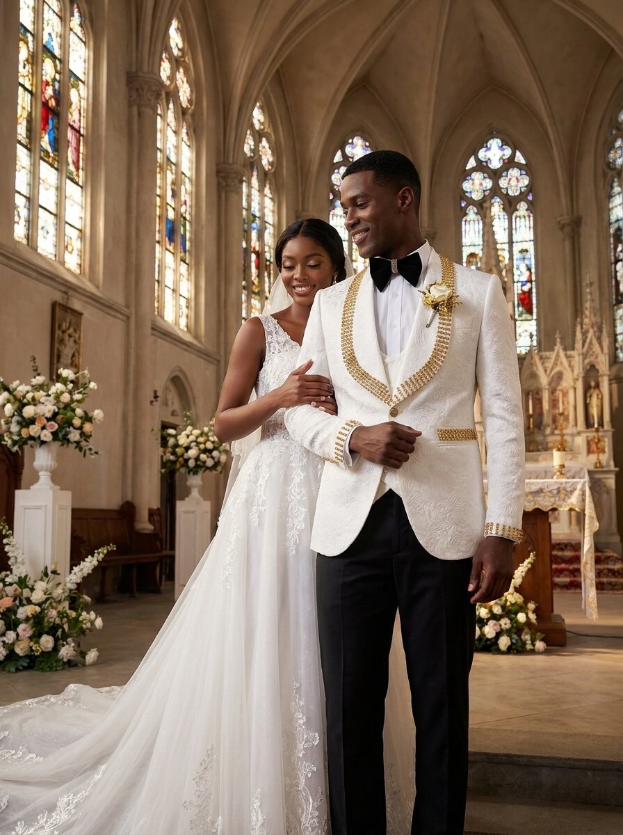 Men’s White Suit with Gold Rhinestone Embellishments