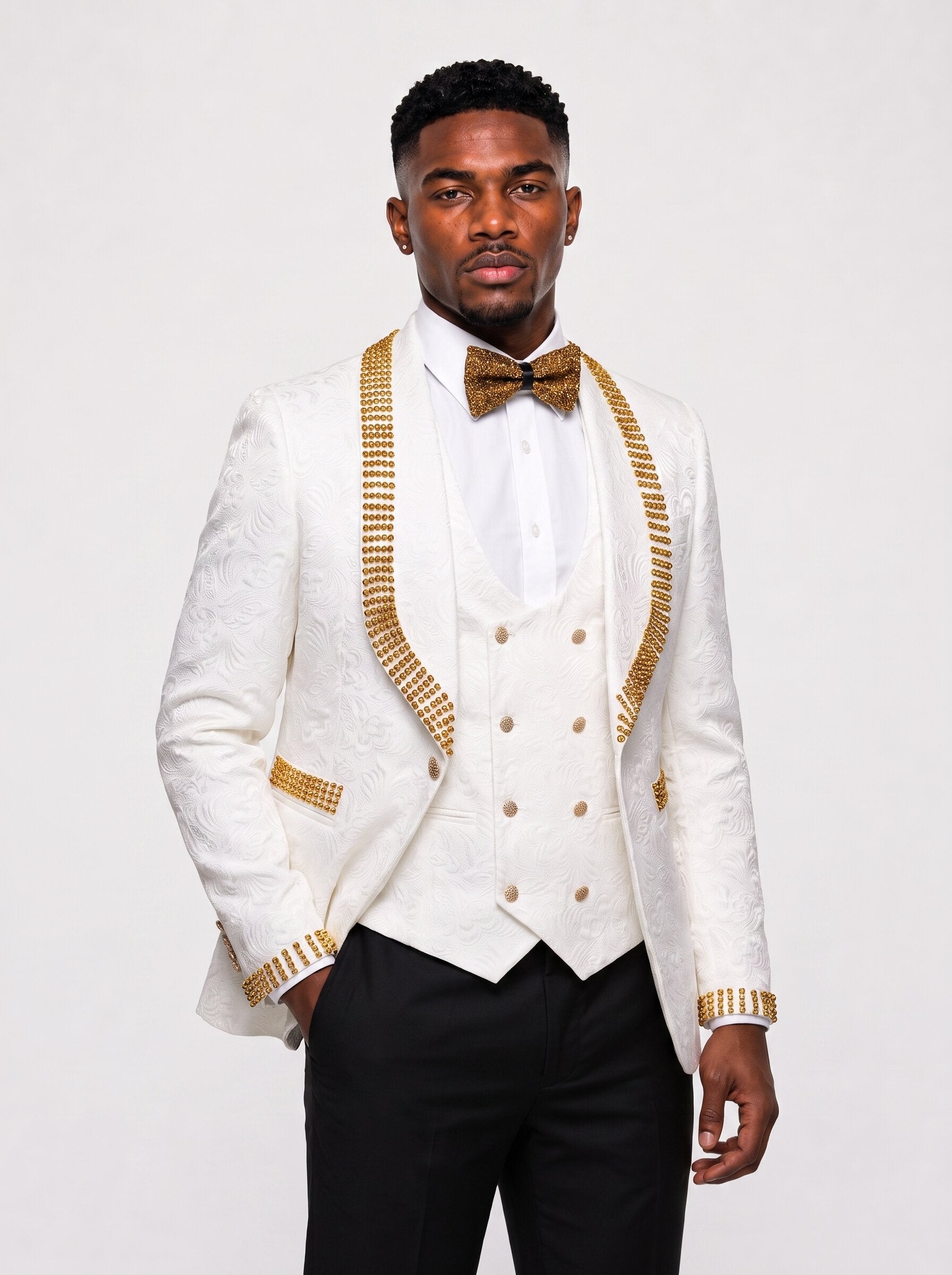 Men’s White Suit with Gold Rhinestone Embellishments