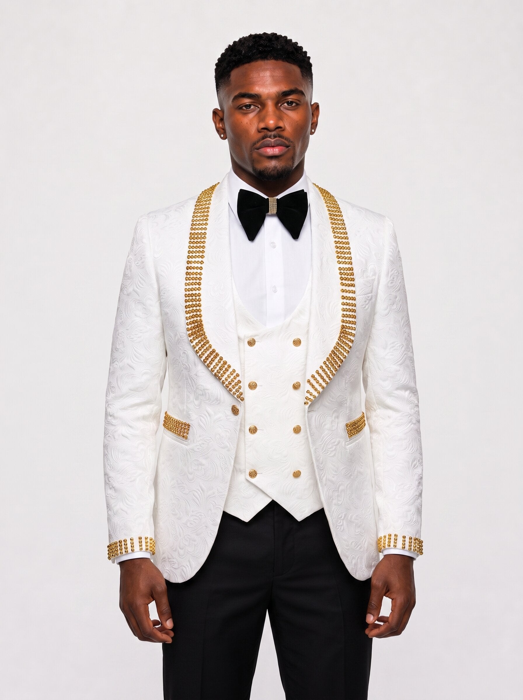 Men’s White Suit with Gold Rhinestone Embellishments