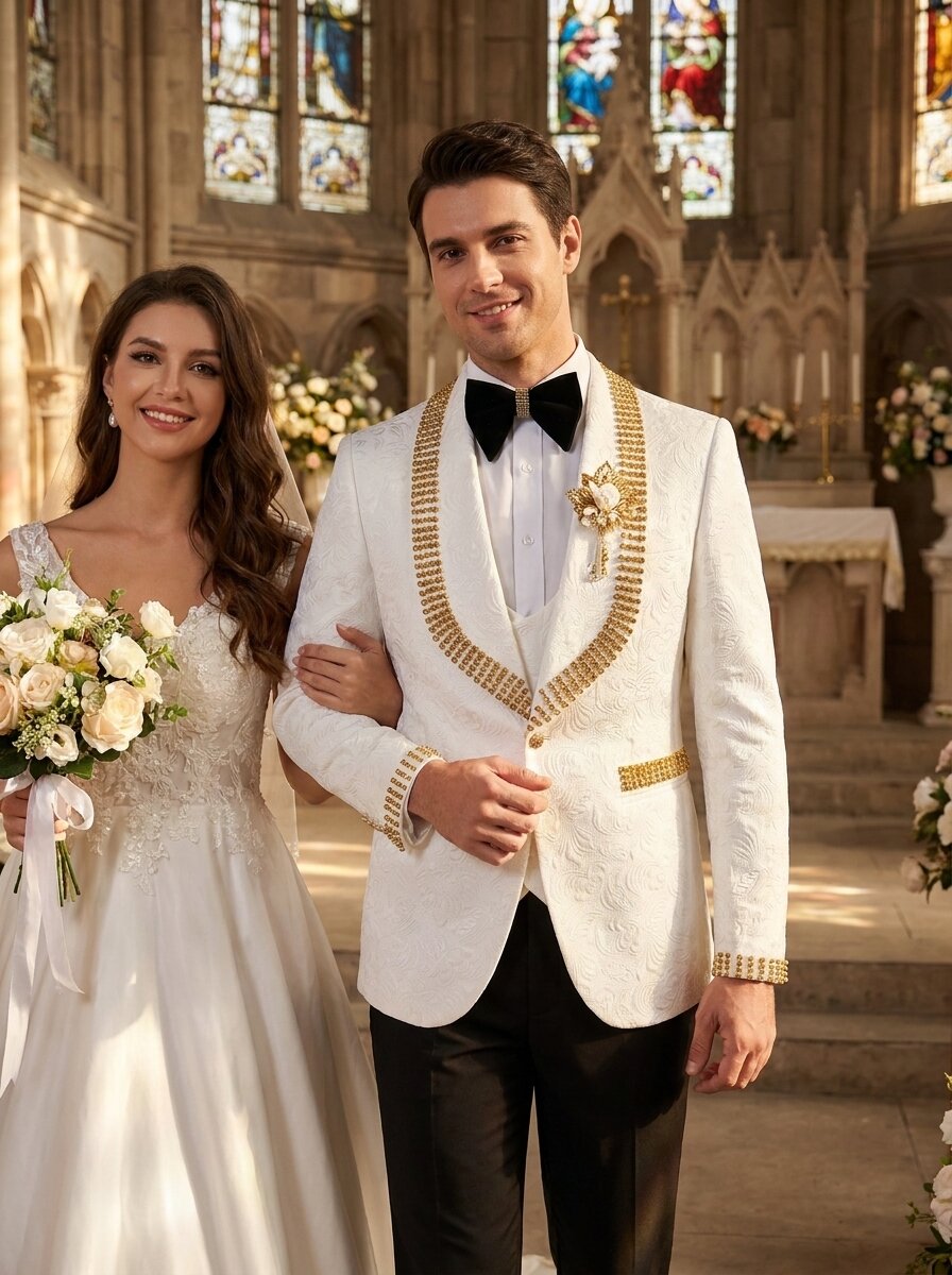 Men’s White Suit with Gold Rhinestone Embellishments