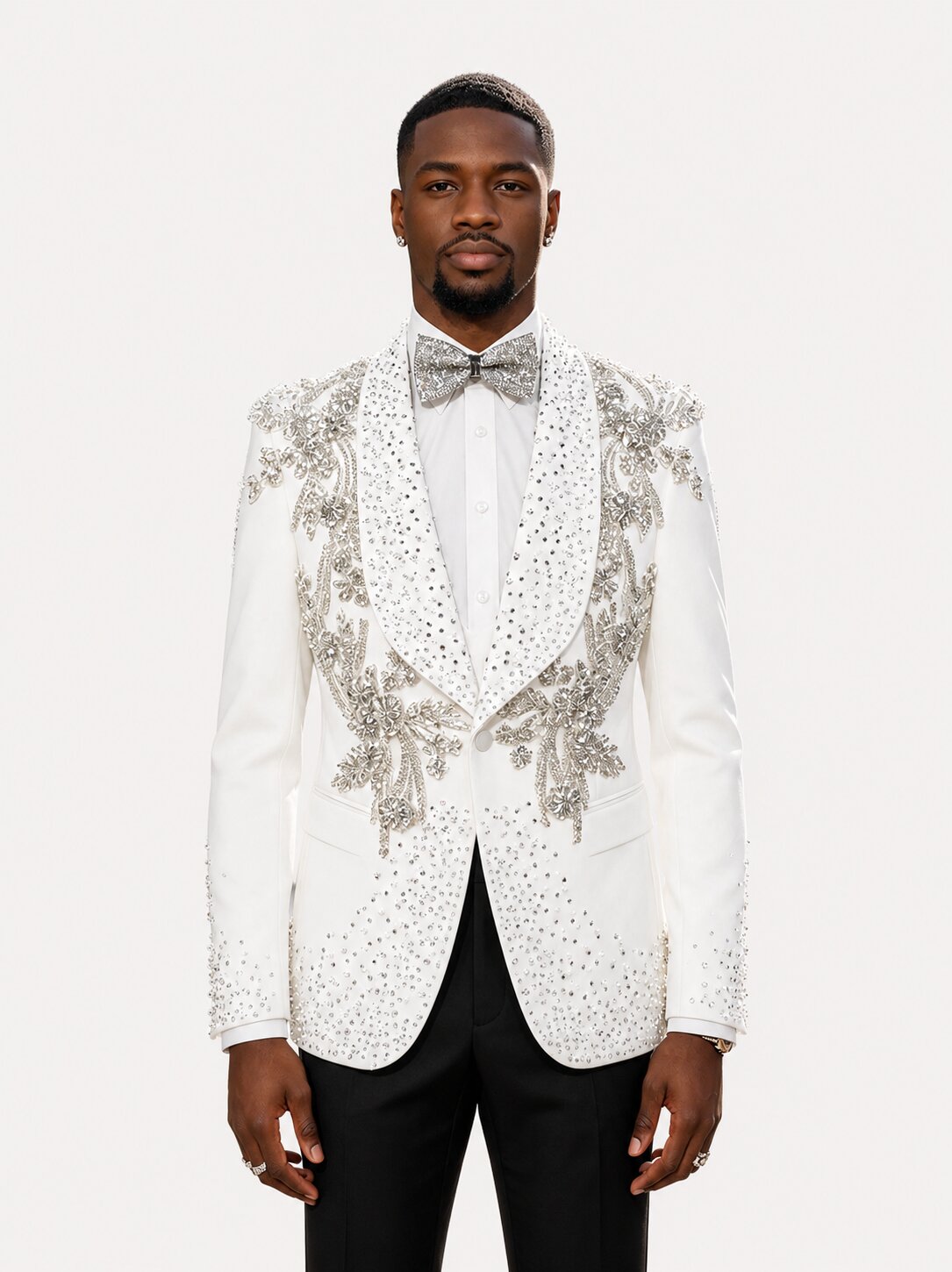 Handmade White Rhinestone Pearl Jacket With Black Trousers