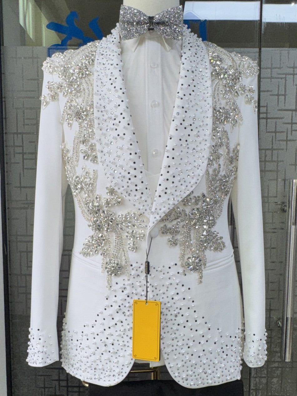 Handmade White Rhinestone Pearl Jacket With Black Trousers