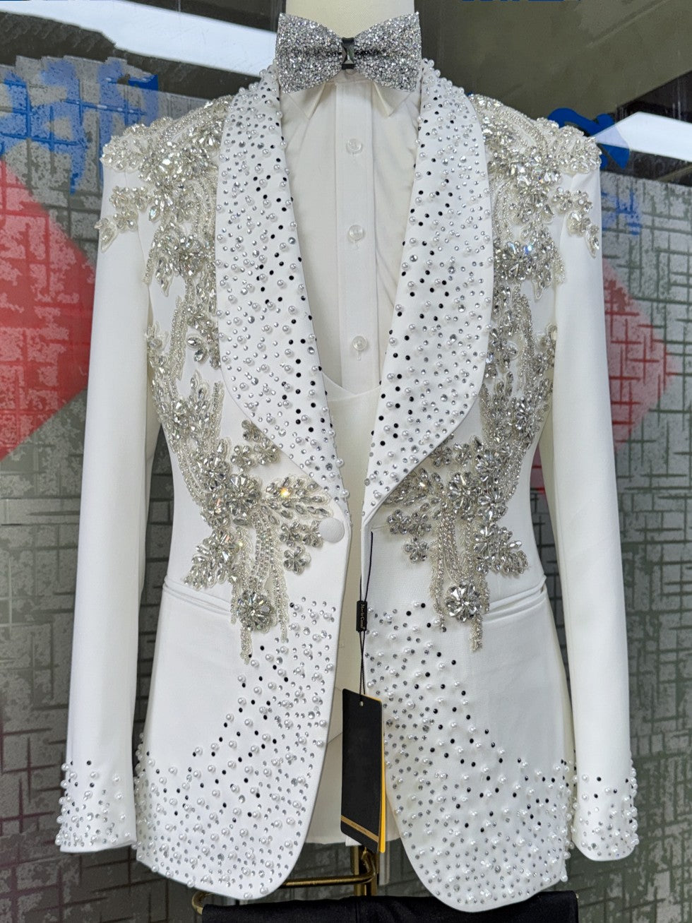 Handmade White Rhinestone Pearl Jacket With Black Trousers