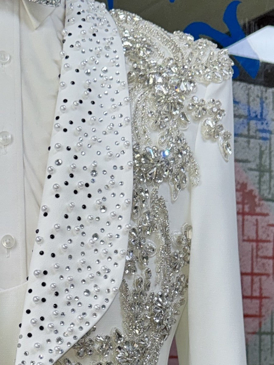 Handmade White Rhinestone Pearl Jacket With Black Trousers