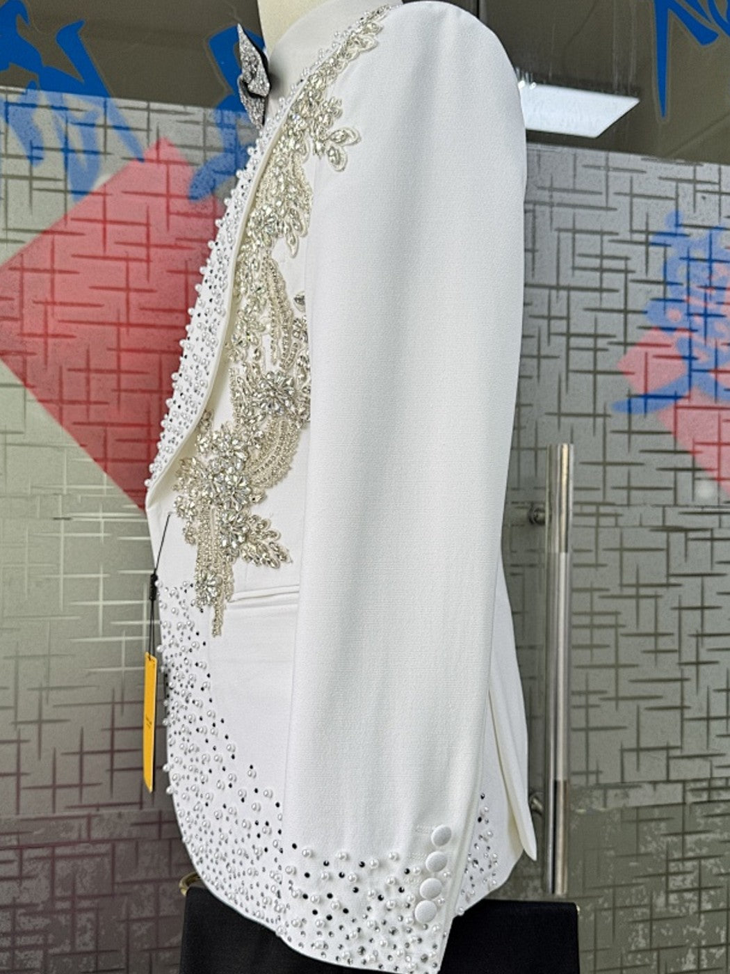 Handmade White Rhinestone Pearl Jacket With Black Trousers