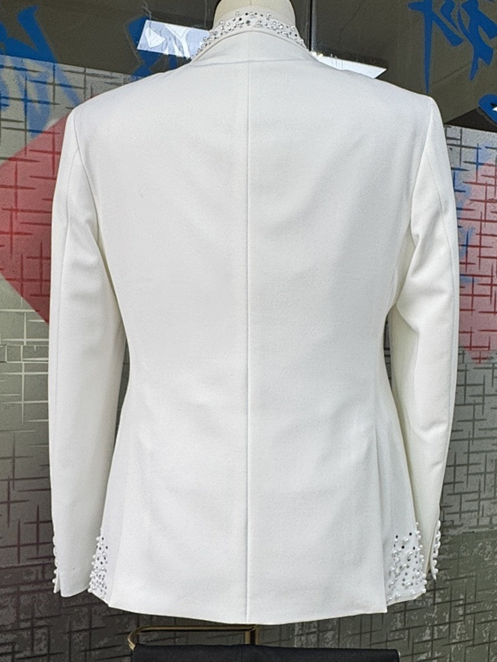 Handmade White Rhinestone Pearl Jacket With Black Trousers