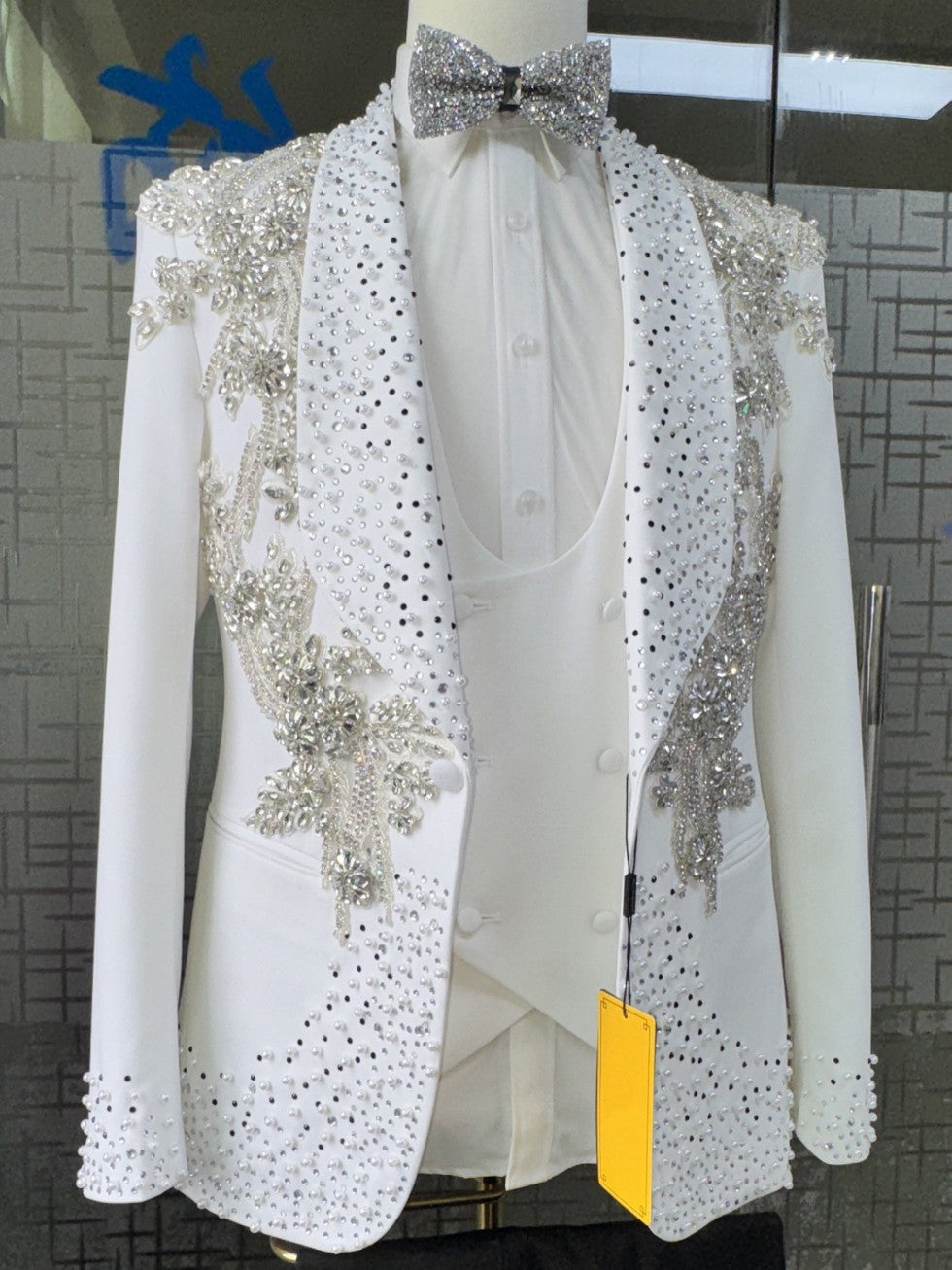 Handmade White Rhinestone Pearl Jacket With Black Trousers